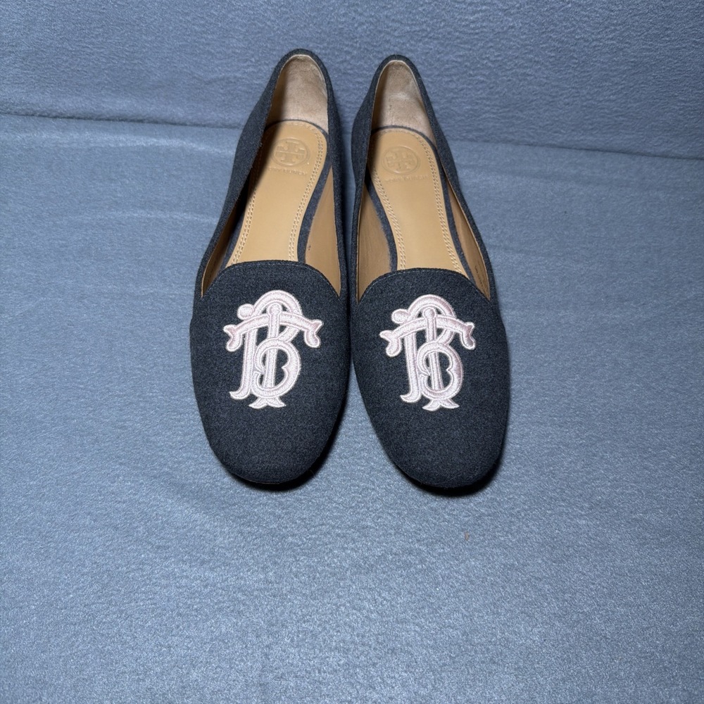 Tory Burch 8M Antonia Gray Gold Flat Smoker Loafer Preppy Classic Academia